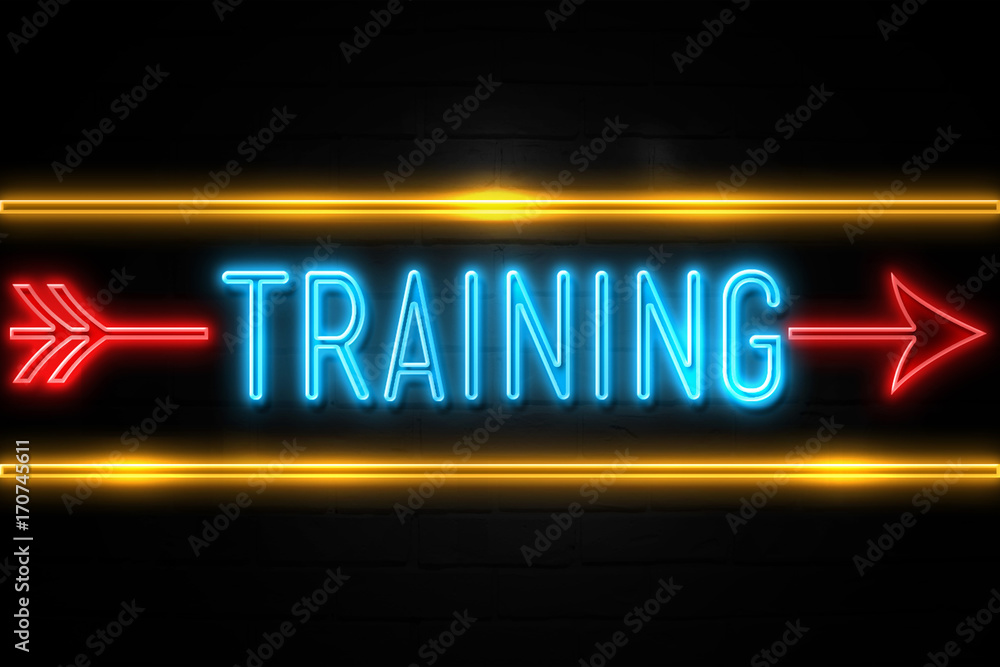 Training  - fluorescent Neon Sign on brickwall Front view