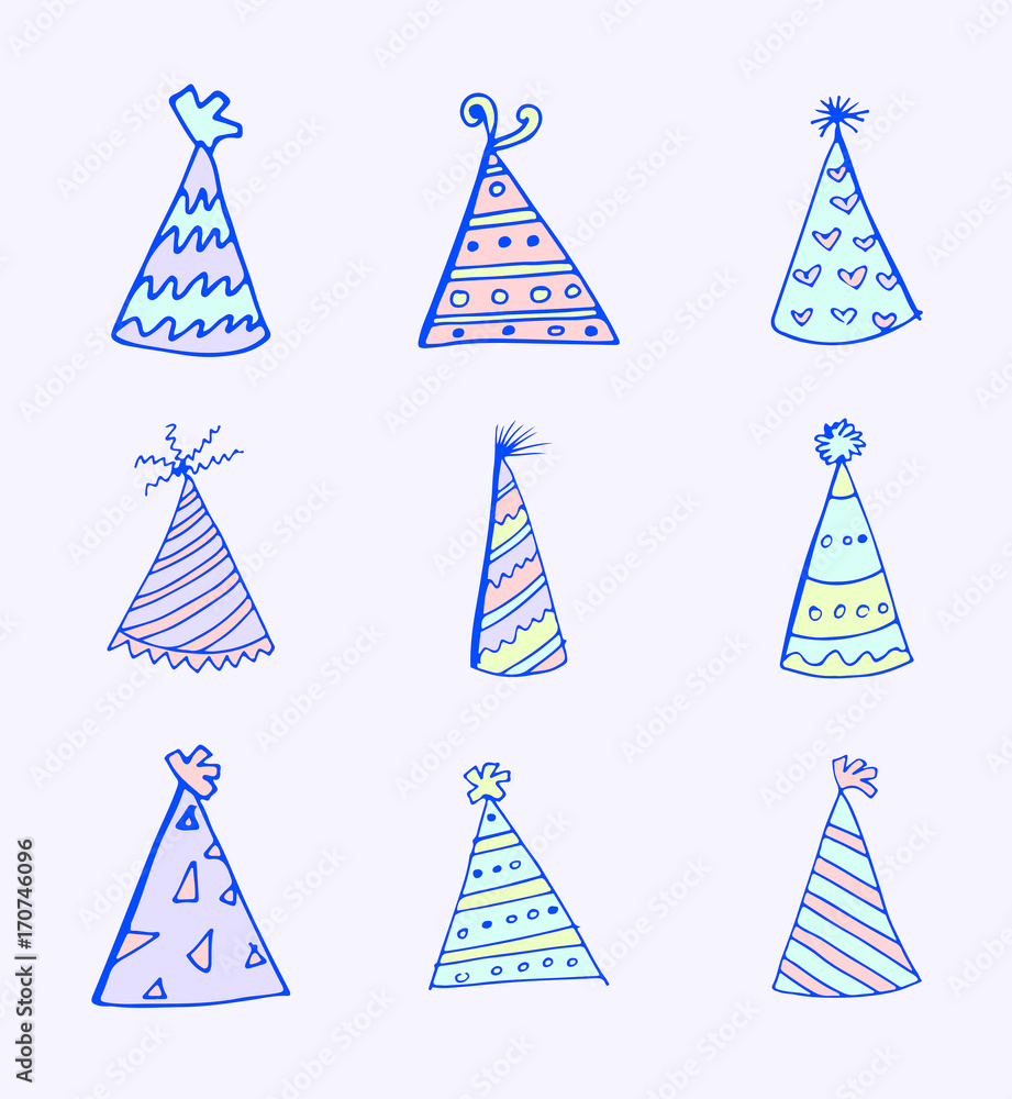 Vector set of various party hat / Vector set of various party hat against colored background Vector set of various party hat / Vector set of various party hat against colored background