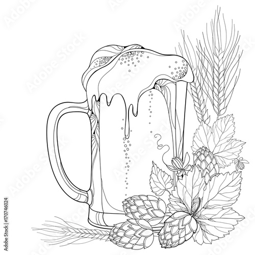 Vector beer mug with ornate Hops or Humulus and barley ears in black isolated on white. Outline element for Oktoberfest, brewery or beer design. Corner composition in contour style for coloring book.