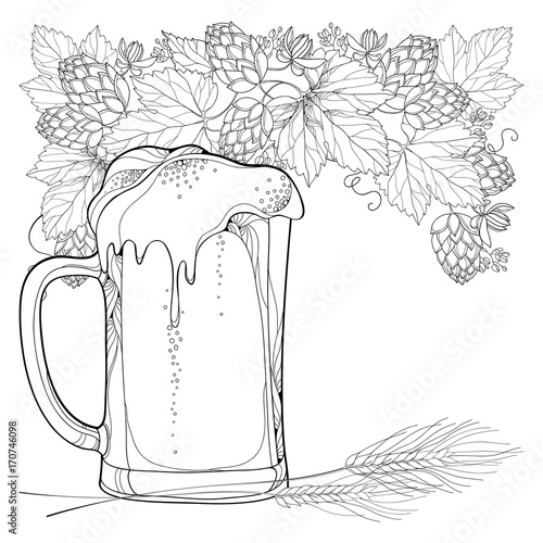 Vector beer mug with Hops or Humulus and ornate wheat ears in black isolated on white background. Outline element for Oktoberfest, brewery or beer design. Composition in contour style for coloring.