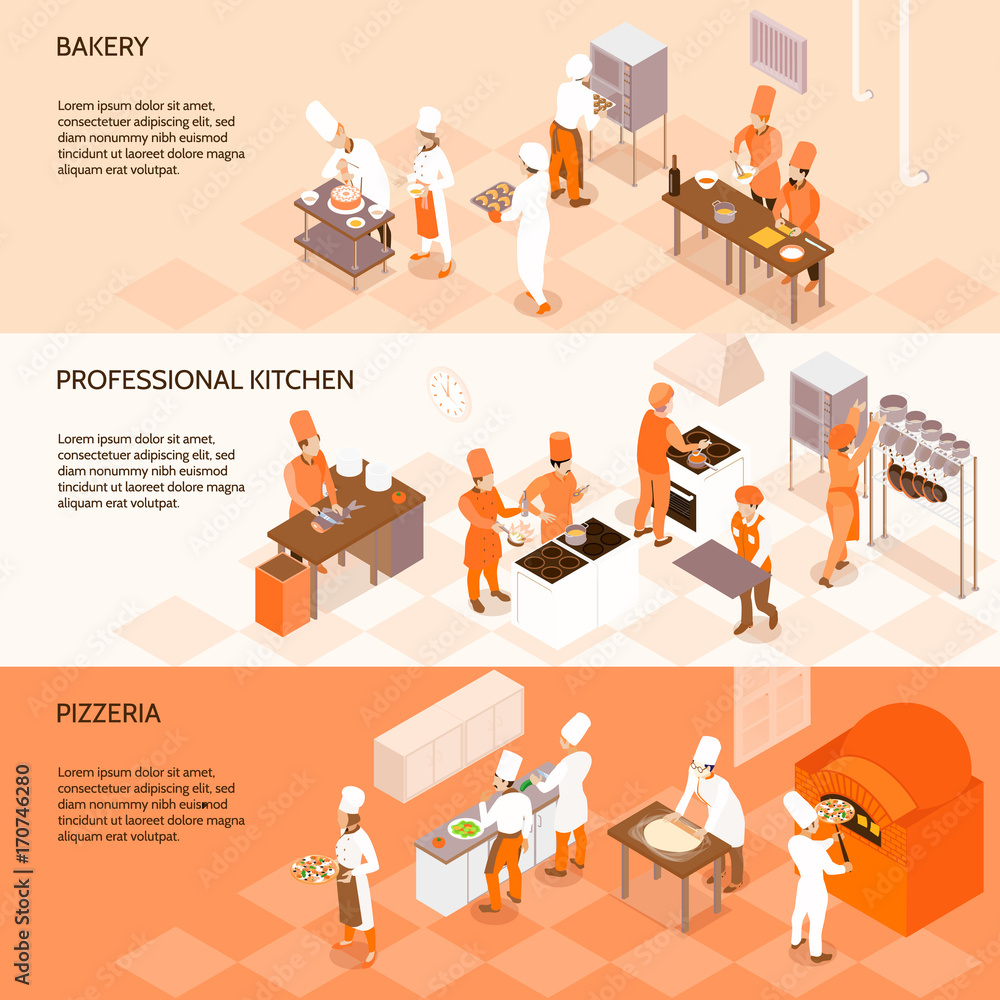 Cooking Horizontal Isometric Banners Cooking Horizontal Isometric Banners