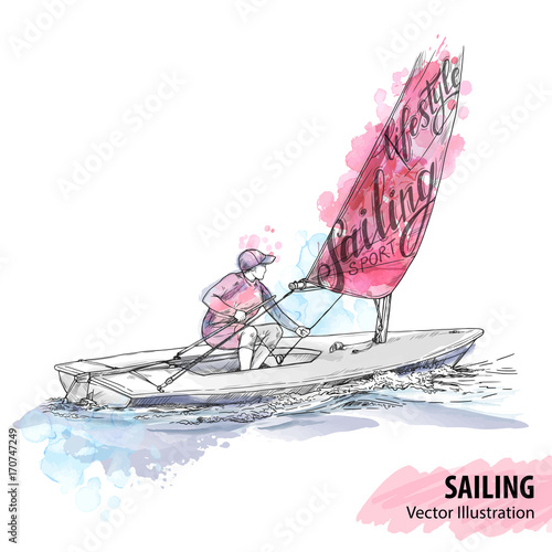 Hand sketch of women on sailing boat on the sea. Vector sport illustration. Watercolor silhouette of yacht with thematic words. Text graphics, lettering. Active. Extreme lifestyle. Traveling.