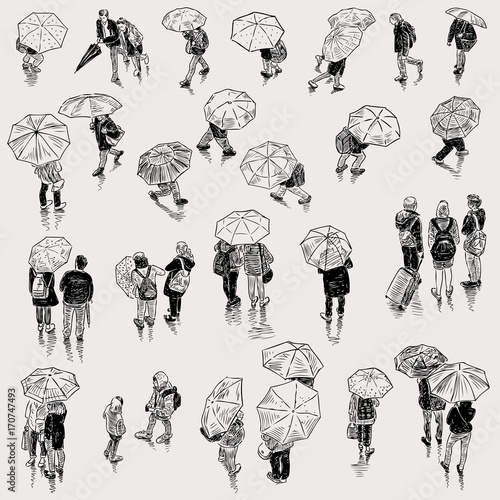 sketches of the city dwellers in the rainy weather