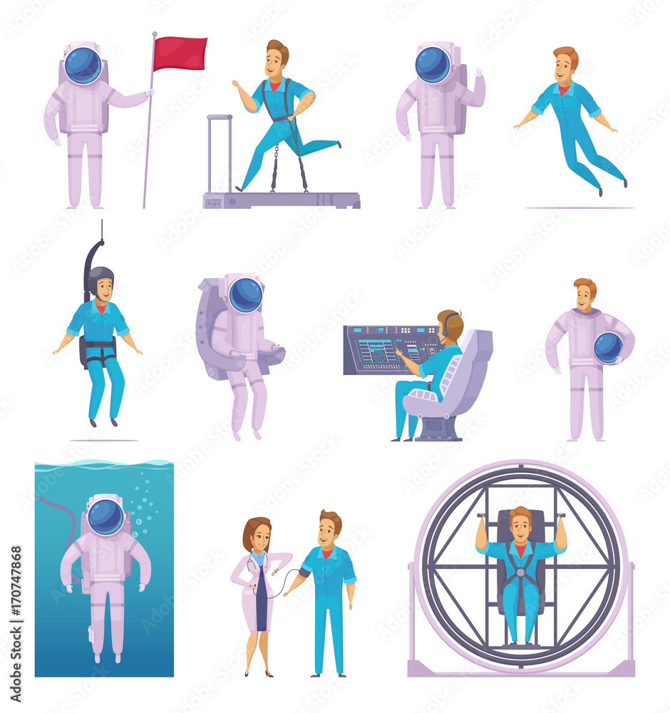 Astronaut Cartoon Character Icons Set