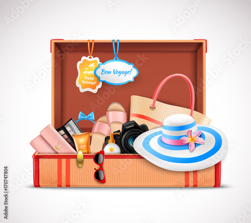 Retro Suitcase Vacation Luggage Open Realistic