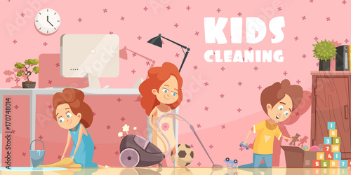 Kids Cleaning Room Cartoon Poster 