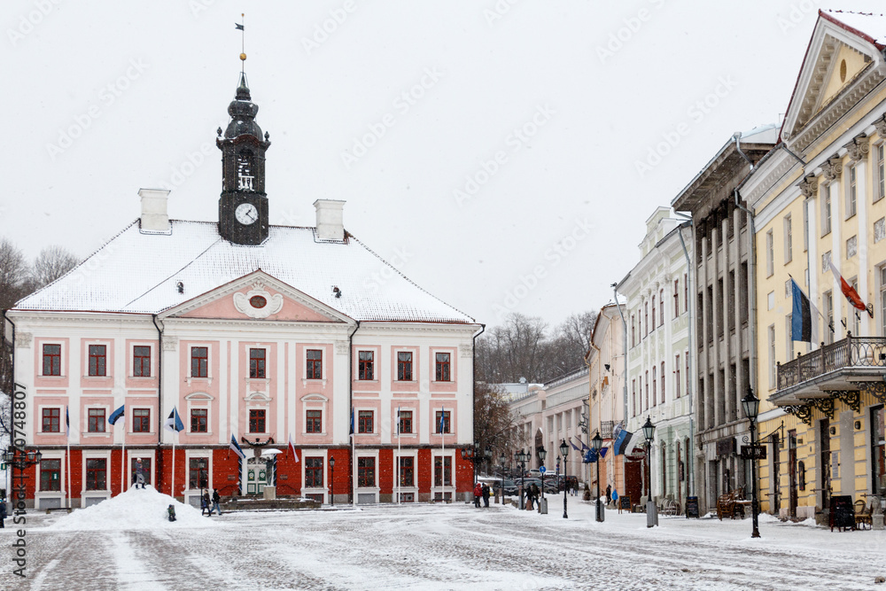 Pink Baroque Town Hall in Tartu main square in winter