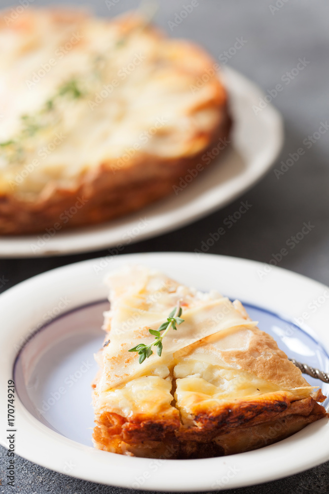 Fresh round fish pie on dark background