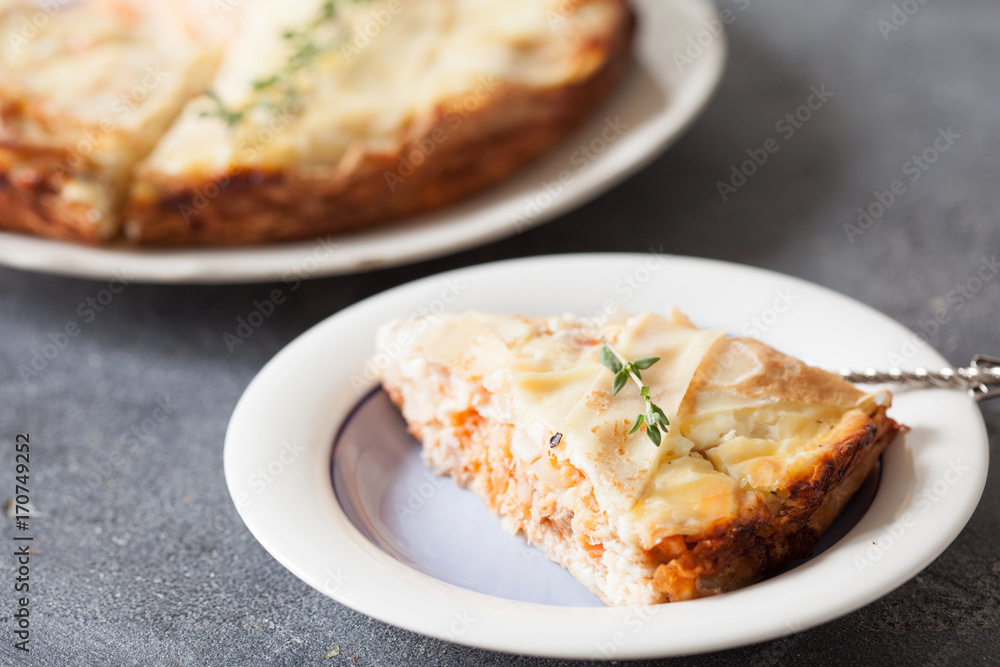 Fresh round fish pie on dark background