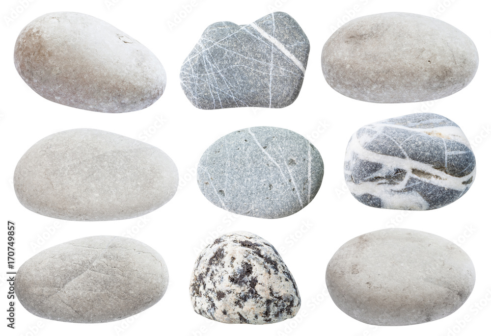 set of various gray natural sea pebble stones - obrazy, fototapety, plakaty 