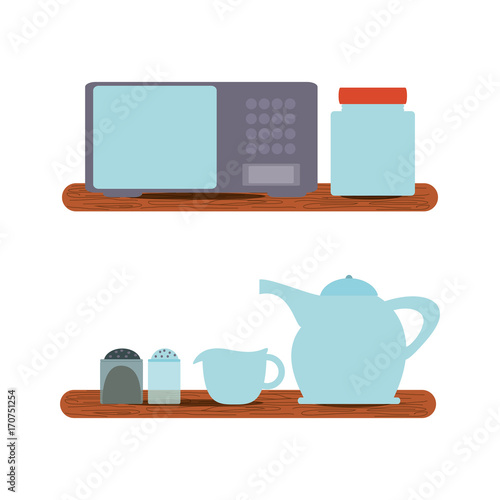 colorful microwave and  crockery over white background  vector illustration