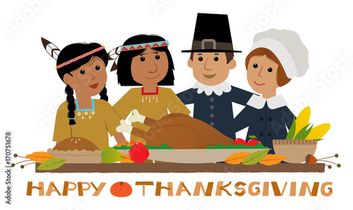 Happy Thanksgiving Pilgrim - Thanksgiving sign with pilgrims and natives standing around a holiday table. Eps10 photo