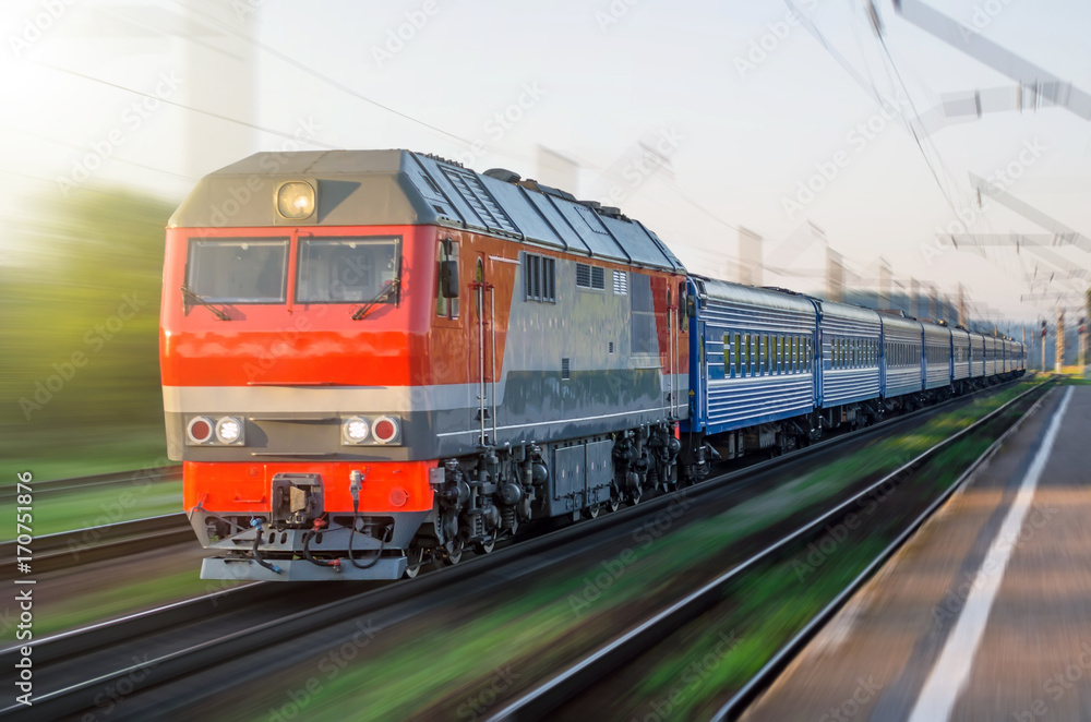 Passenger diesel train traveling speed railway wagons journey light