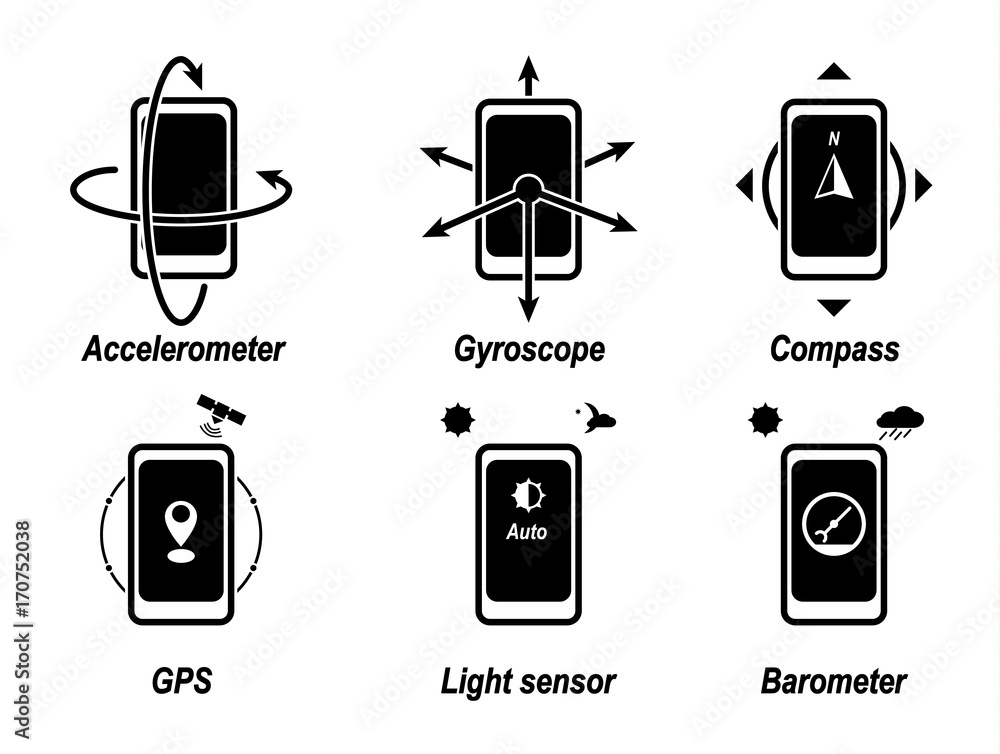 Accelerometer, gyroscope, compass, GPS, light sensor, barometer. Important  phone functions. Black icon. Stock Vector | Adobe Stock