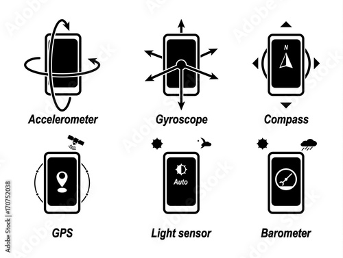 Accelerometer, gyroscope, compass, GPS, light sensor, barometer. Important phone functions. Black icon.