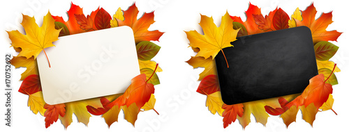 Schild mit Herbstlaub Rahmen - Vorlagen Set, hell und mit schwarzer Kreidetafel Textur