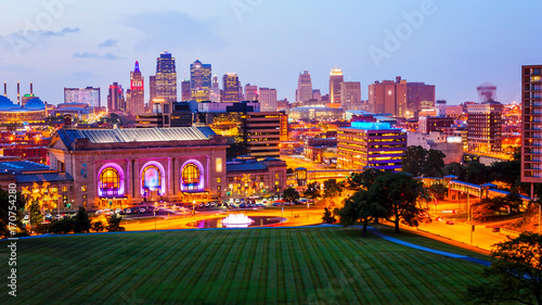 Kansas City, Missouri Skyline at Night (logos blurred) photo