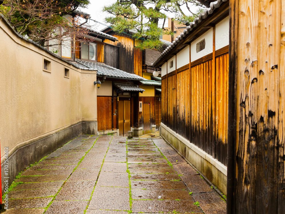 Close up of a wet path in the city of Higashiyama district in the springtime in Kyoto Close up of a wet path in the city of Higashiyama district in the springtime in Kyoto