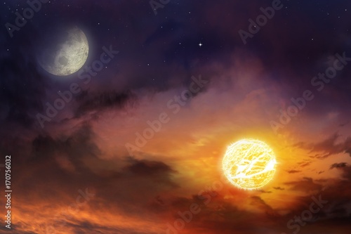 Sun in space . Moon sun and stars  .  Nebula gas cloud in outer space . Light in dark sky . beautiful cloud . View on night sky  . Moon eclipse  .Religion background . 