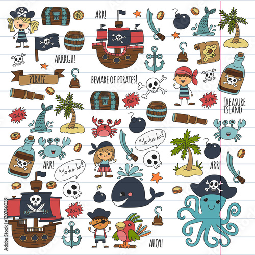 Vector pirates Children cartoon illustration Kids drawing style for kids party in pirate style Octopus, pirate ship, sailor, boy, girl, treasure island