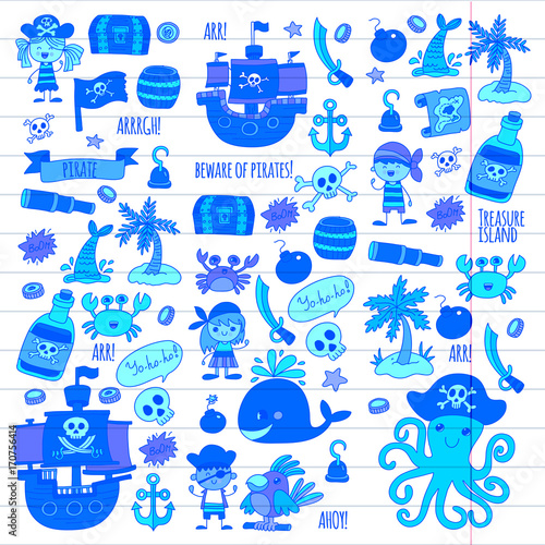 Vector pirates Children cartoon illustration Kids drawing style for kids party in pirate style Octopus, pirate ship, sailor, boy, girl, treasure island