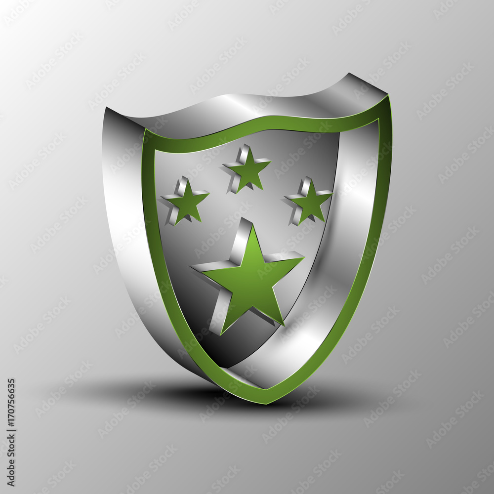 3d illustration of a stars isometric in on metal shield 3d illustration of a stars isometric in on metal shield