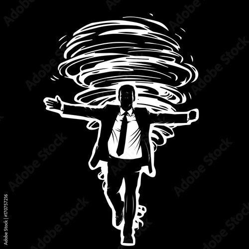 Black and white picture of a man in a suit that goes before an ominous, evil tornado