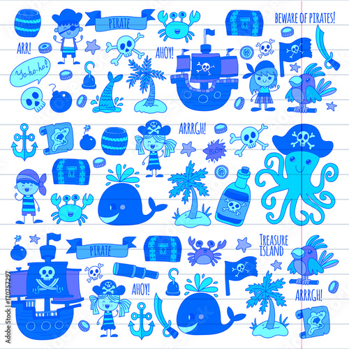 Vector pirates Children cartoon illustration Kids drawing style for kids party in pirate style Octopus, pirate ship, sailor, boy, girl, treasure island