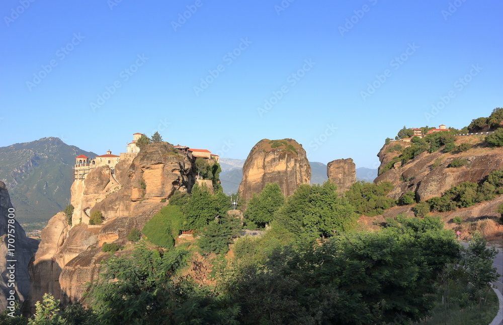 Beautiful landscape of Meteora at sunrise. Monastery of Varlaam. Central Greece.