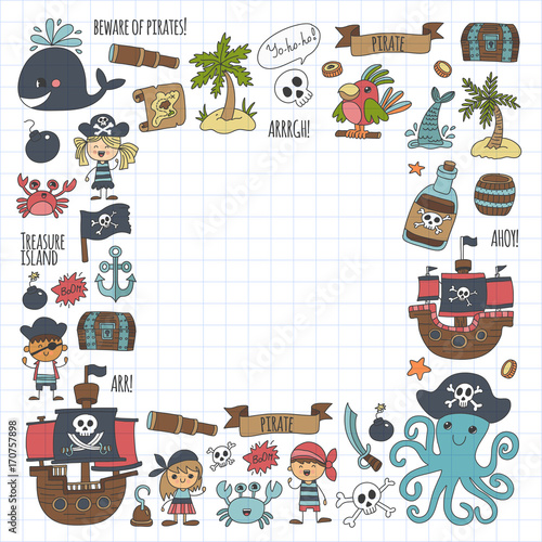 Vector pirates Children cartoon illustration Kids drawing style for kids party in pirate style Octopus, pirate ship, sailor, boy, girl, treasure island