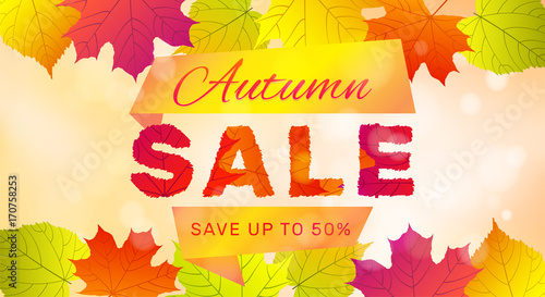 Autumn sale banner with colorful leaves on sunny background.