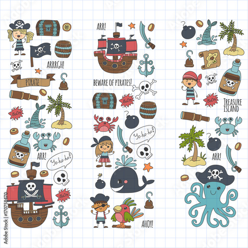 Vector pirates Children cartoon illustration Kids drawing style for kids party in pirate style Octopus, pirate ship, sailor, boy, girl, treasure island