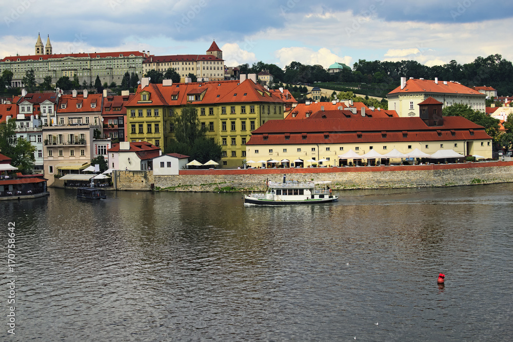 Panorama of Lesser Town and river Vltava in sunny day. Prague, The Czech Republic