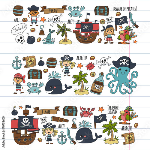 Vector pirates Children cartoon illustration Kids drawing style for kids party in pirate style Octopus, pirate ship, sailor, boy, girl, treasure island
