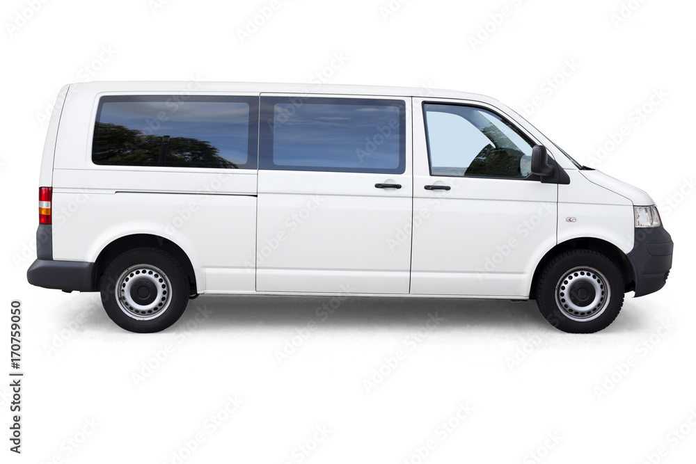 White van with windows on white background isolated with clipping path. White dropping shadow minivan on white