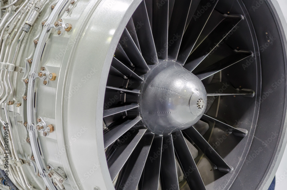 Close up of a turbofan jet engine in modern airplane