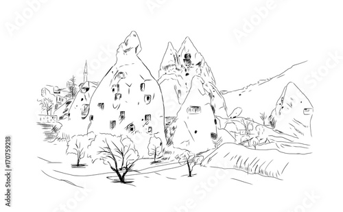 Hand drawn sketch of Cappadocia Turkey in vector illustration.