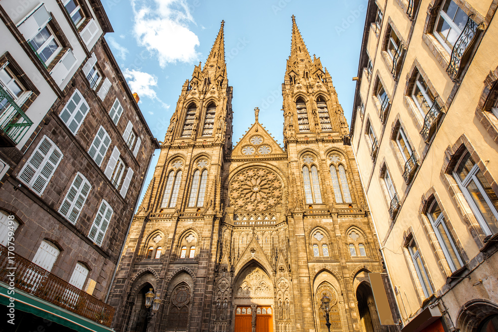 View on the famous cathedral during the sunset in Clermont-Ferrand city in France