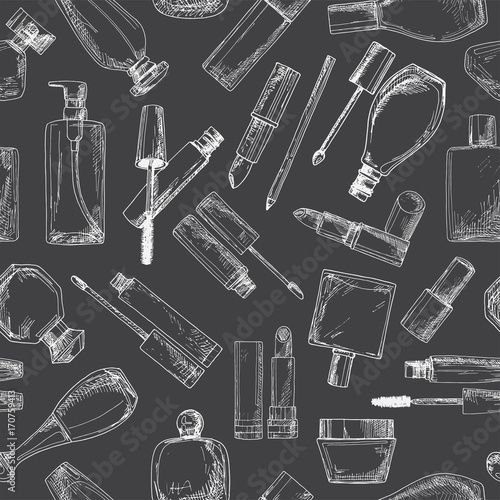 Seamless pattern with cosmetics. Lipsticks, mascara, cream. Vector illustration of a sketch style.