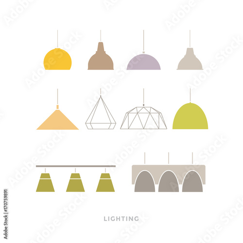 Set of colored modern lamps on light background. Furniture icons. Vector illustration. Flat style.
