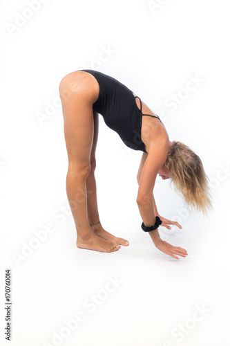 Beautiful diver preparing to dive on white background, vertical preparation