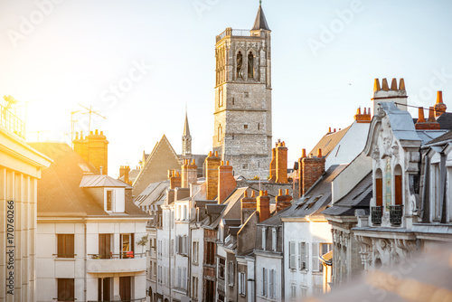 Fotografija Top cityscape view on the old buildings and curch tower in Orleans city during t