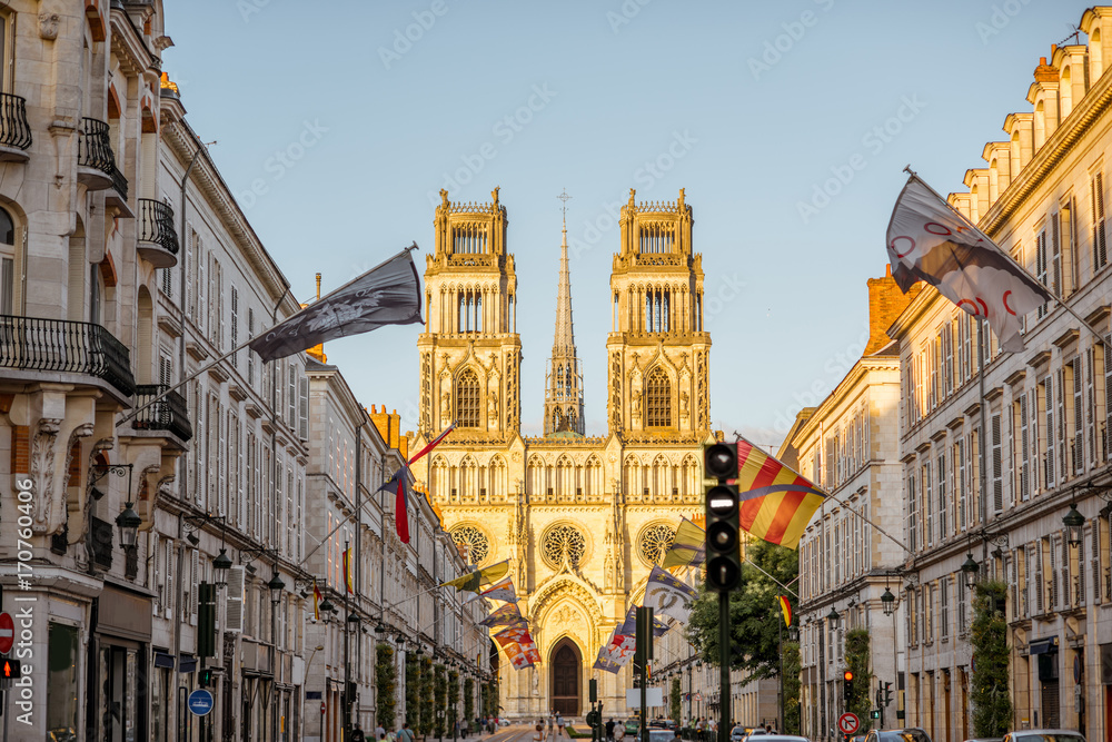 Street view with famous cathedral during the sunset in Orleans city in central France