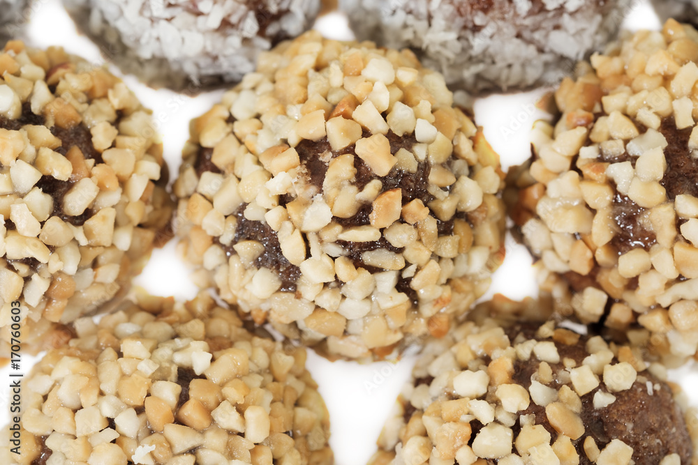 Chocolate donuts ball / View of chocolate donuts ball on white foam container. Chocolate donuts ball / View of chocolate donuts ball on white foam container.
