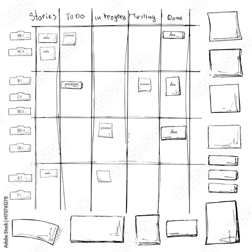 Scrum task board. Agile process in whiteboard table with sticky notes. Vector illustration in sketch style.