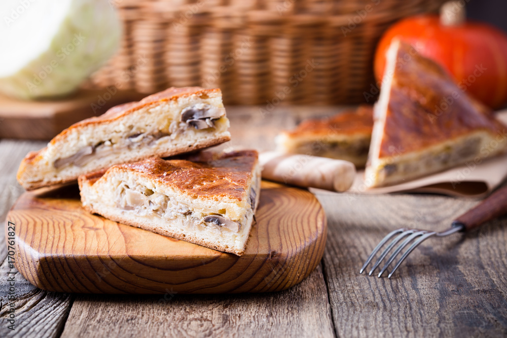 Slices of cabbage and mushroom pie with cheese Slices of cabbage and mushroom pie with cheese