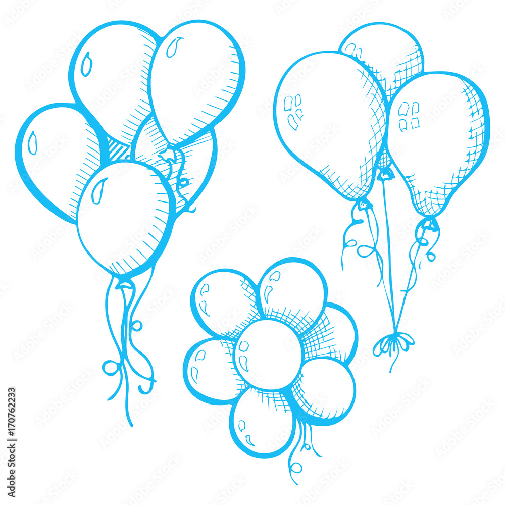 Group of balloons on a string. Hand drawn, isolated on a white background. Vector illustration