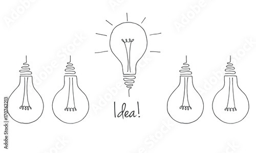 Set of different light bulbs. The symbol of the idea. Vector illustration in a sketch style.