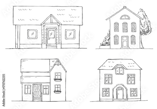 Set of different houses. Vector illustration in a sketch style.