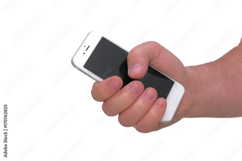 Smartphone in hand, bezel less modern design. white version Smartphone in hand, bezel less modern design. white version